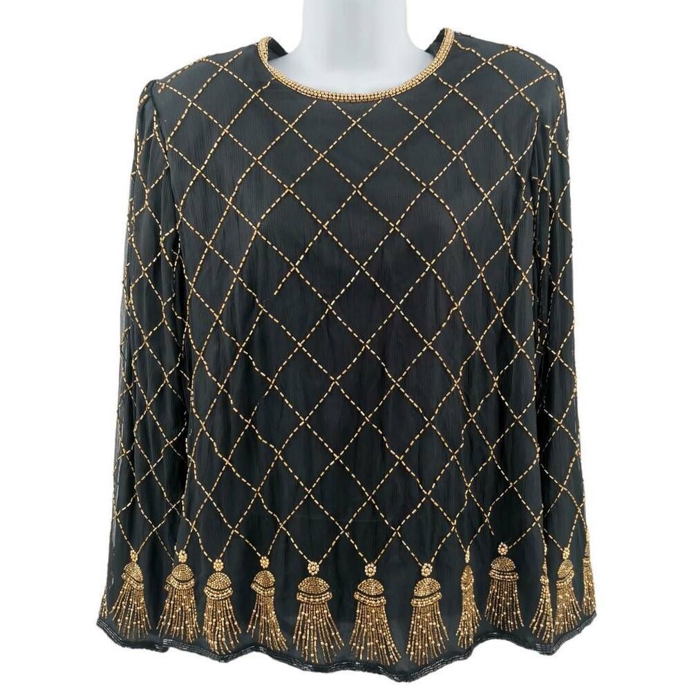 Vintage Black & Gold Beaded Silk Top | Lawrence Kazar | Size Medium